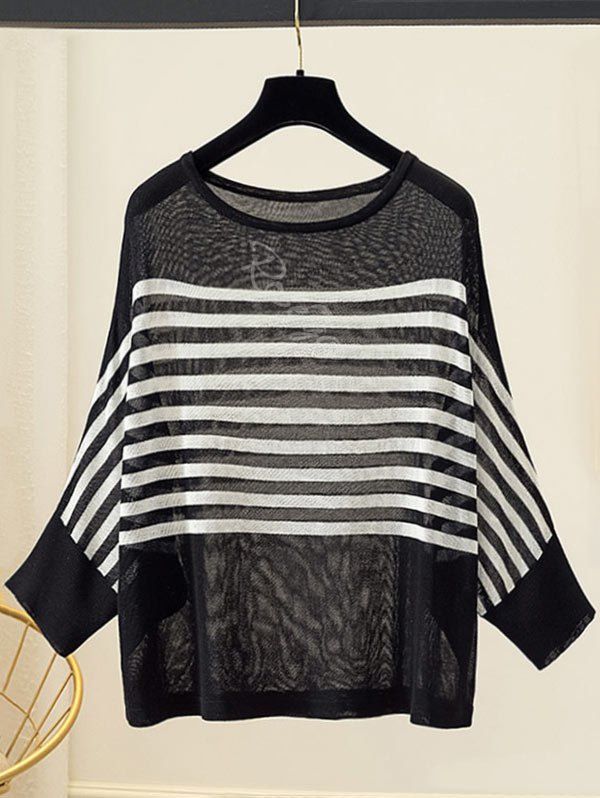 

Plus Size Batwing Sleeve Stripe Sweater, Black