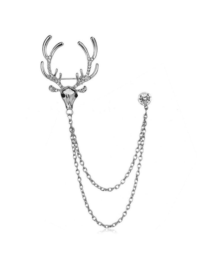 

Elk Pattern Rhinestone Chain Suit Brooch, Silver