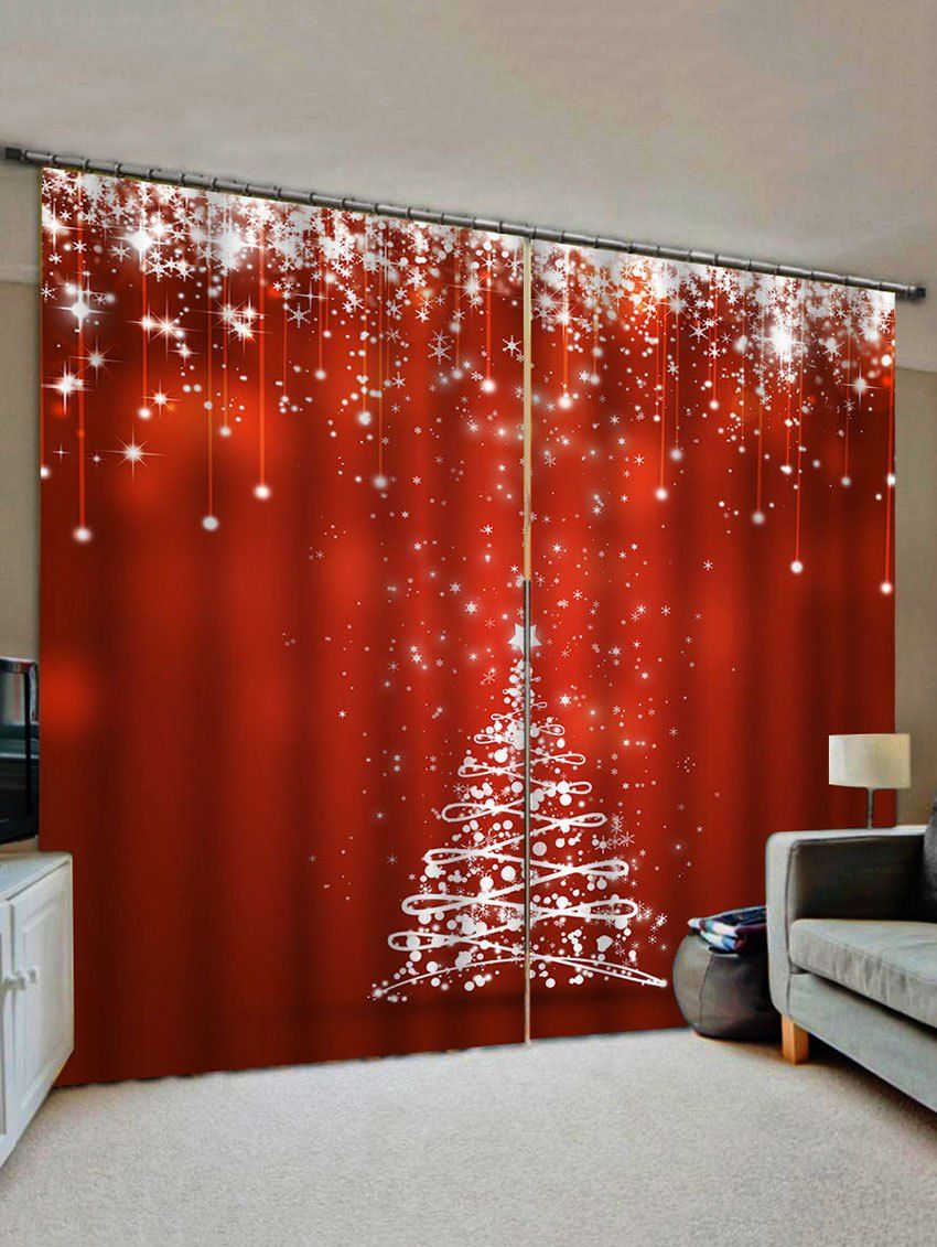 

2 Panels Christmas Star Tree Snowflakes Print Window Curtains, Multi