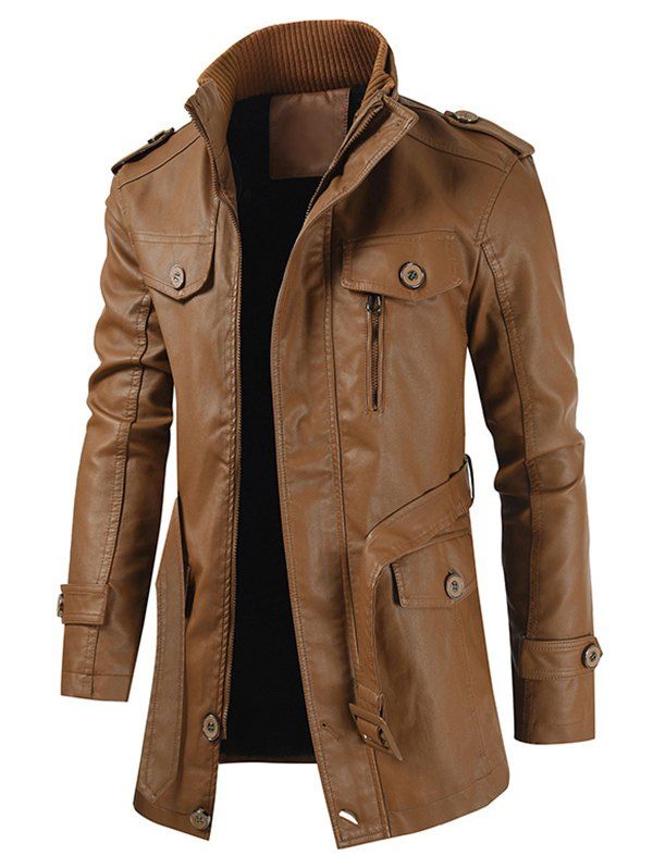 

Faux Leather Solid Color Zip Up Coat, Tiger orange