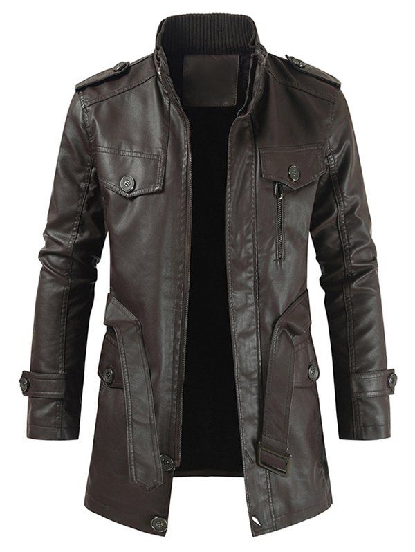 

Faux Leather Solid Color Zip Up Coat, Deep brown