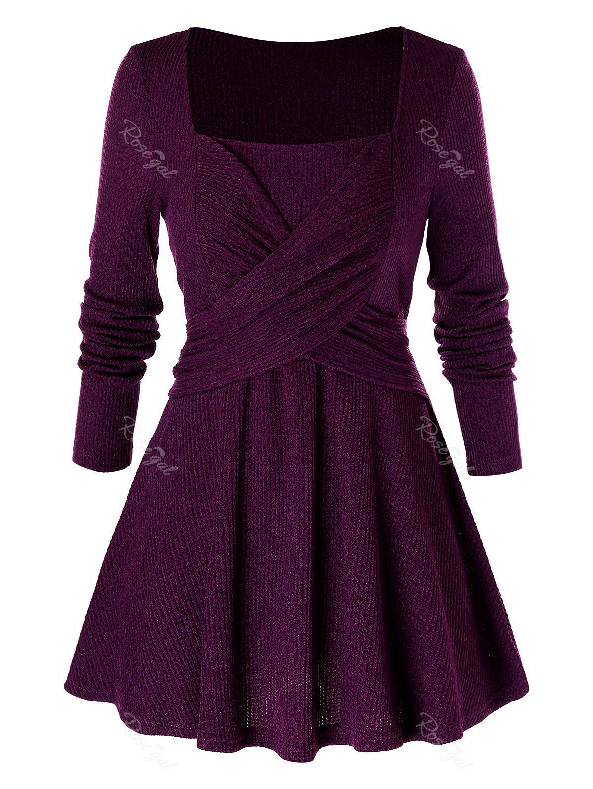 

Plus Size Long Sleeve Square Neck Solid Sweater, Plum pie