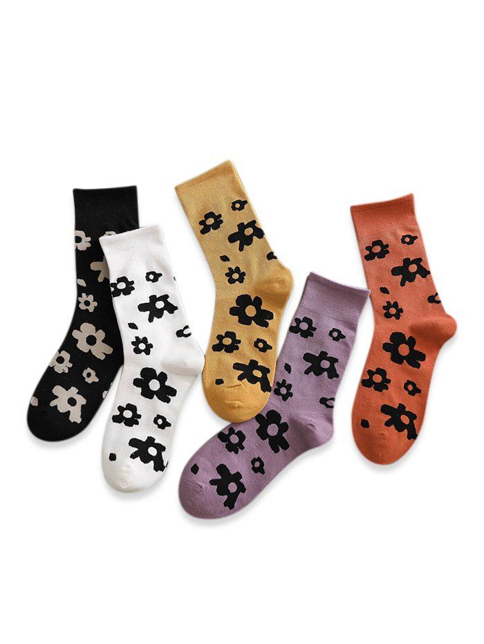

5 Pairs Flower Pattern Crew Length Socks Set, Multi-a