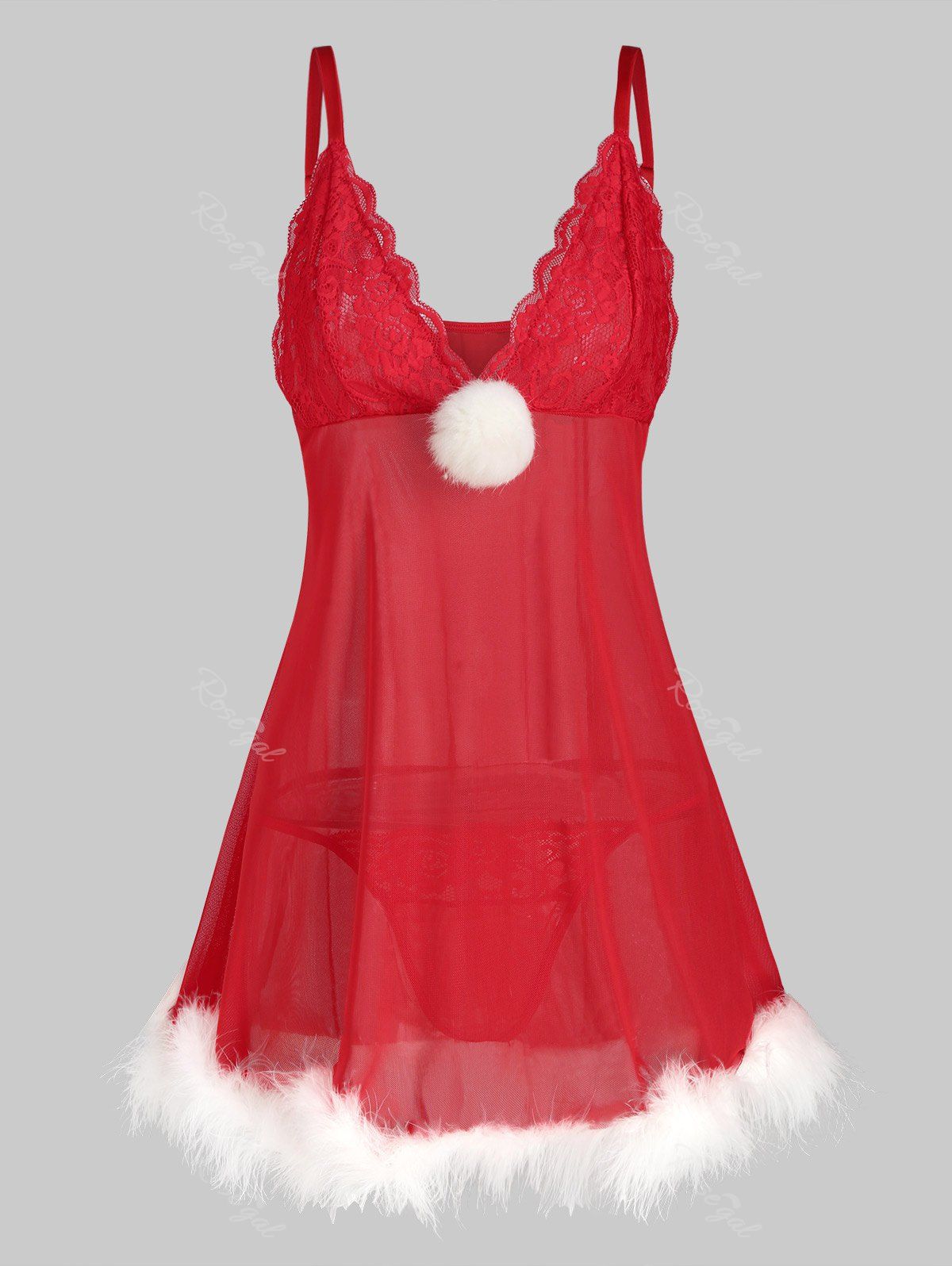 

Plus Size Lace Panel Fur Trim Babydoll Set, Red