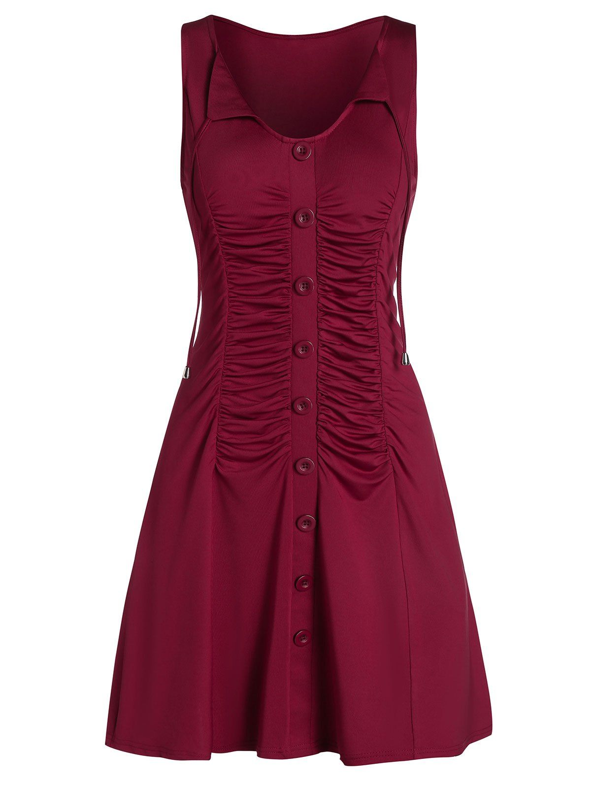 

Front Tie Ruched Mock Button Sleeveless Dress, Red wine