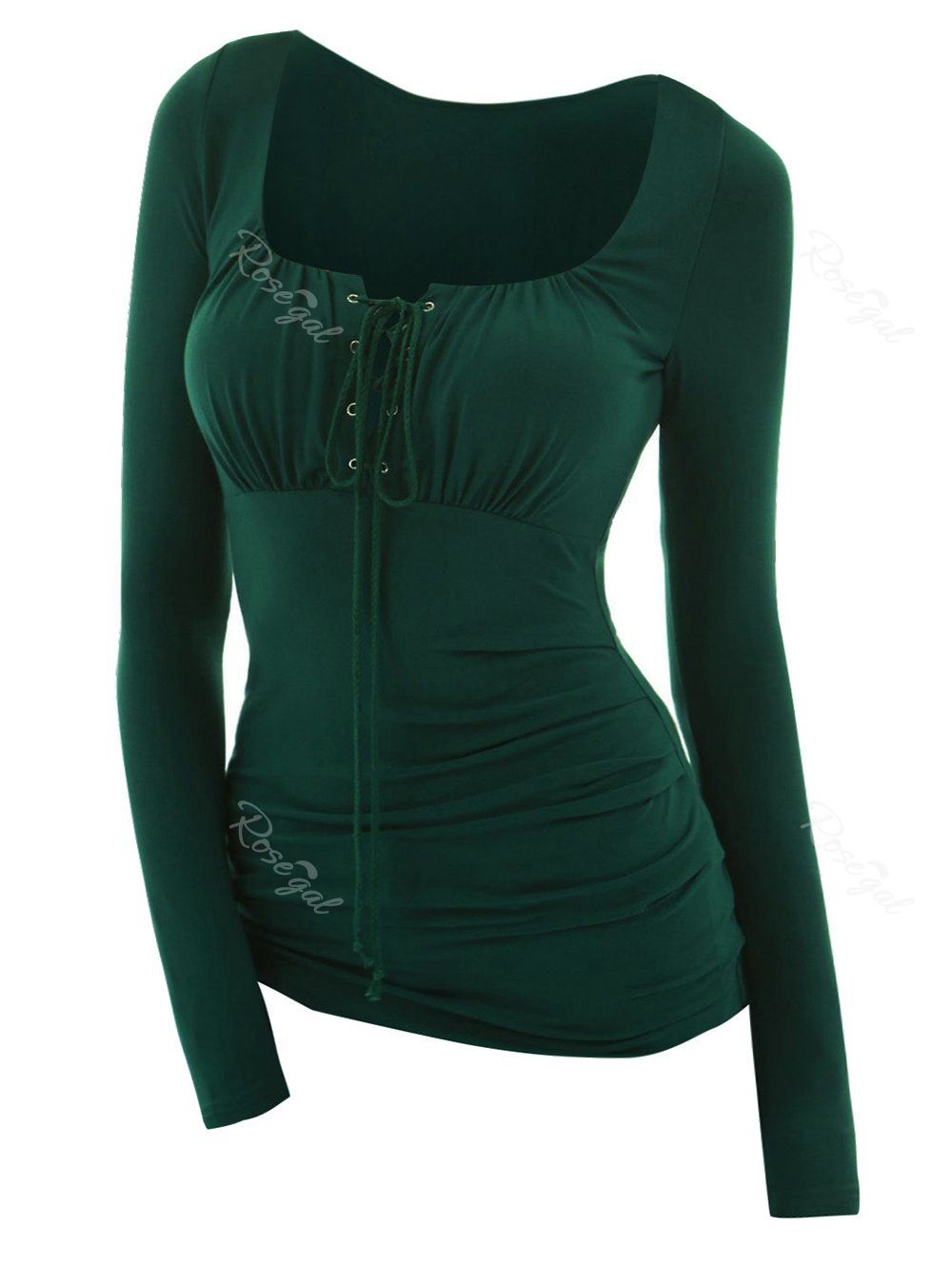

Plus Size Lace Up Tie Ruched Long Sleeve Tee, Dark green