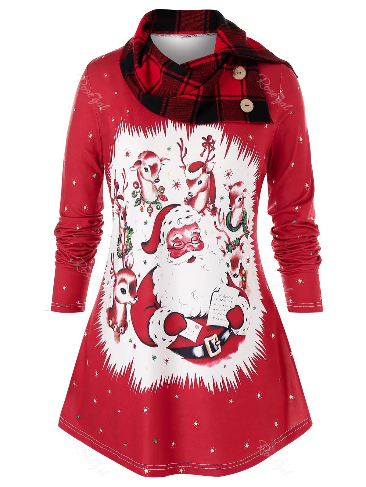 

Plus Size Christmas Santa Claus Plaid Button Embellished Longline T-shirt, Red