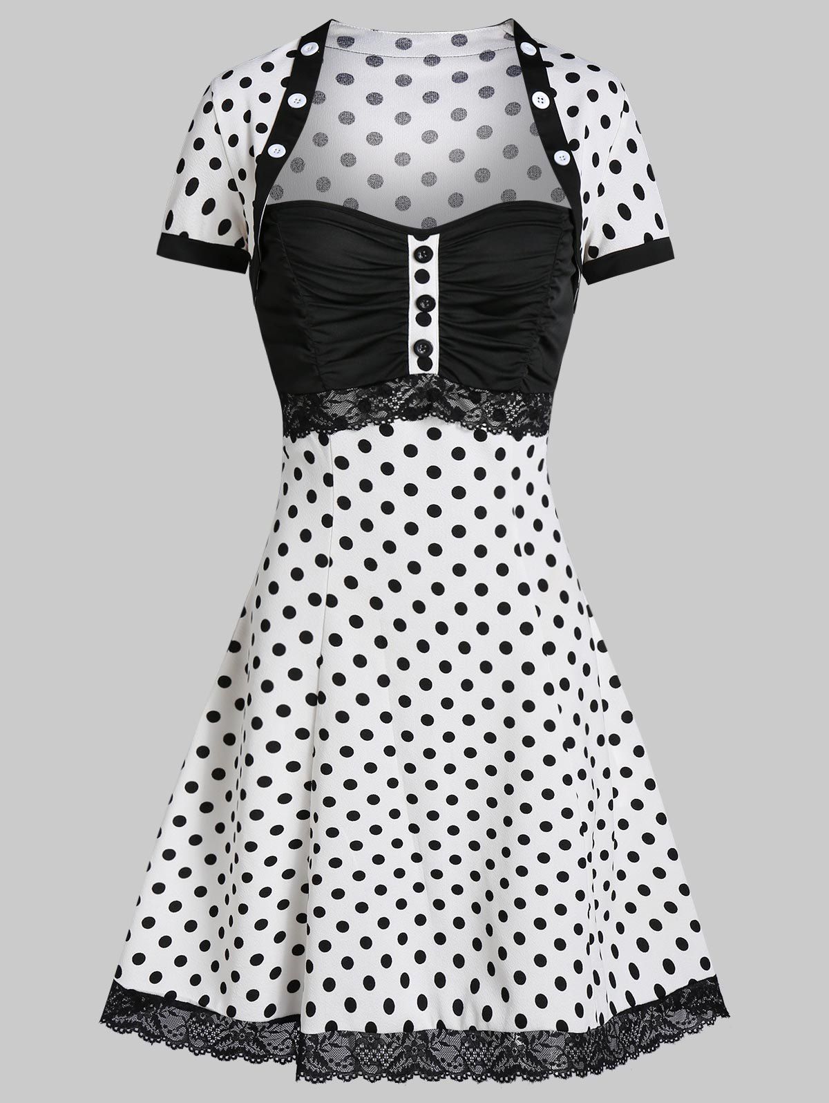 

Polka Dot Print Button Sweetheart Neck Mini Dress, White