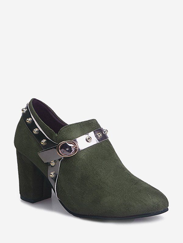 

Contrast Stud Strap Suede Chunky Heel Pumps, Army green