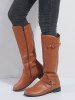 Dual Buckle PU Leather Knee High Boots -  