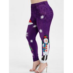

Plus Size Christmas Snowman Snowflake 3D Print Jeggings, Purple