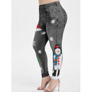 

Plus Size Christmas Snowman Snowflake 3D Print Jeggings, Gray