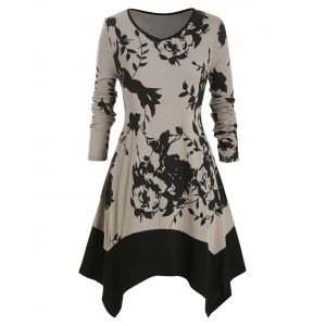 

Plus Size Flower V Neck Handkerchief Dress, Black