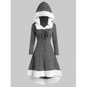 

Plus Size Lace Up Faux Fur Hooded Marled Knit Asymmetric Dress, Dark gray