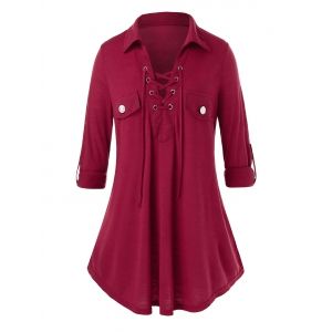 

Plus Size Lace Up Roll Tab Sleeve Tunic Top, Red wine