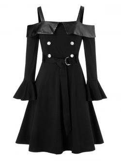 Plus Size Ruffle Cuff Cold Shoulder Mock Button Belted Dress - BLACK - L