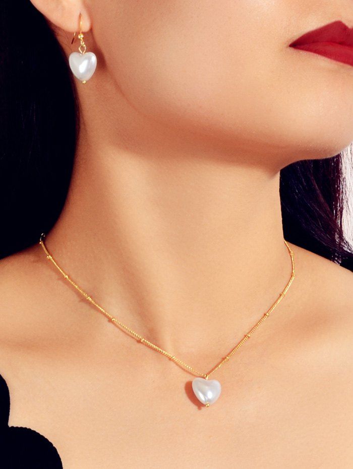 

Heart Faux Pearl Chain Necklace And Drop Earrings, Gold