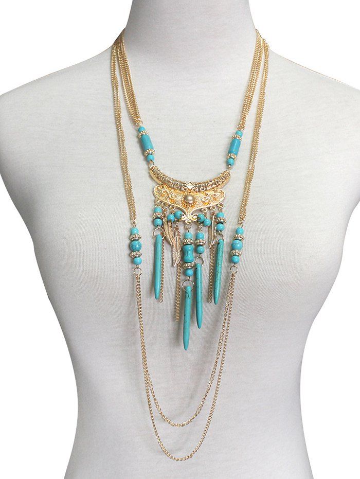 

Boho Artificial Turquoise Feather Layered Necklace, Gold