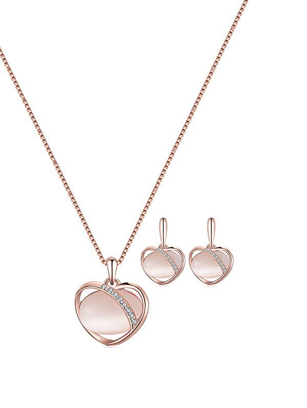 

Artificial Opal Rhinestone Heart Necklace with Earrings, White