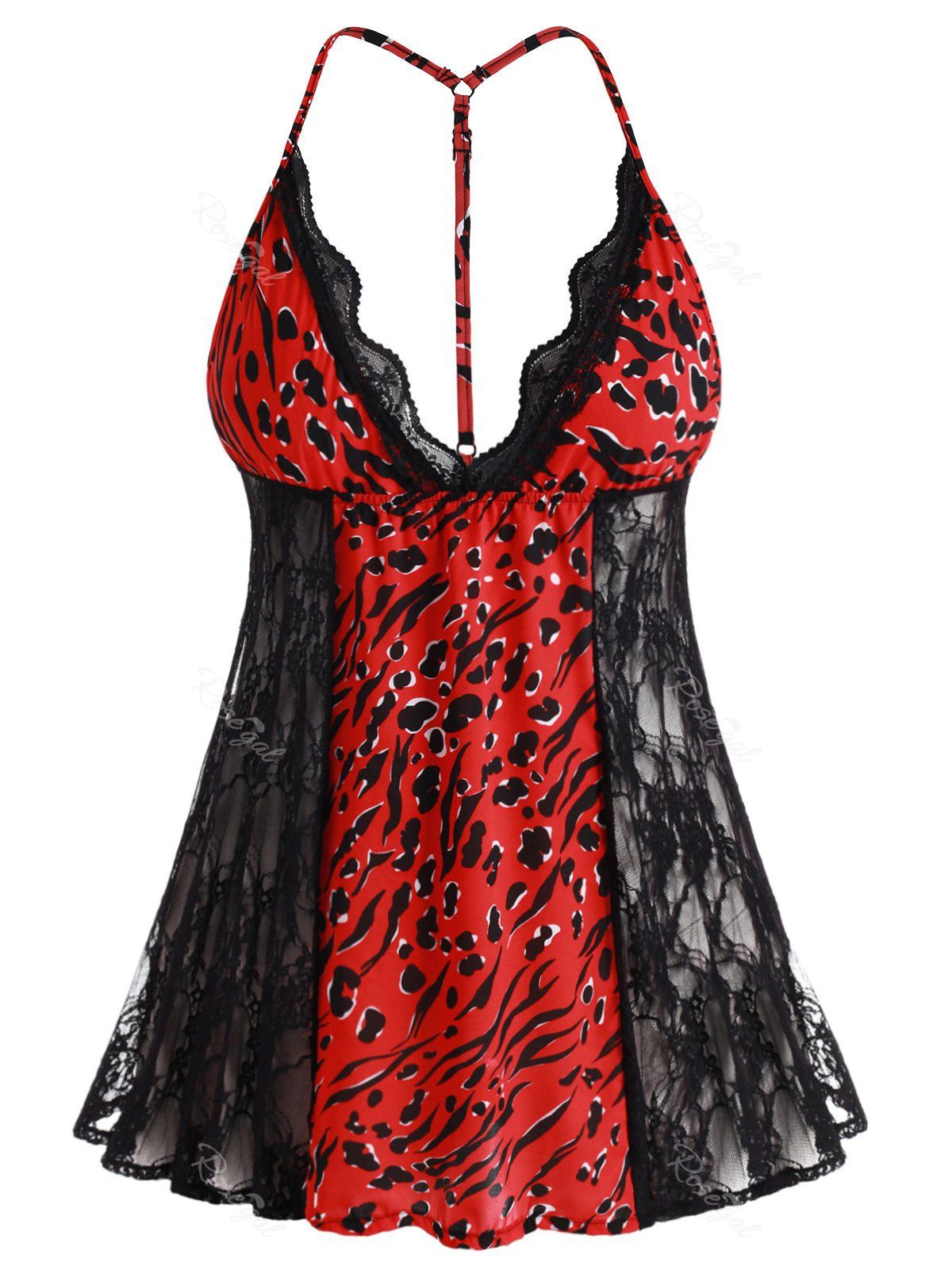

T Back Scalloped Printed Lace Panel Plus Size Babydoll, Multi-b