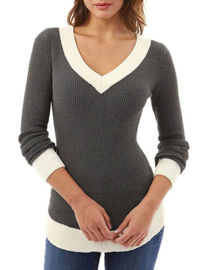 

V Neck Contrast Trim Casual Sweater, Gray
