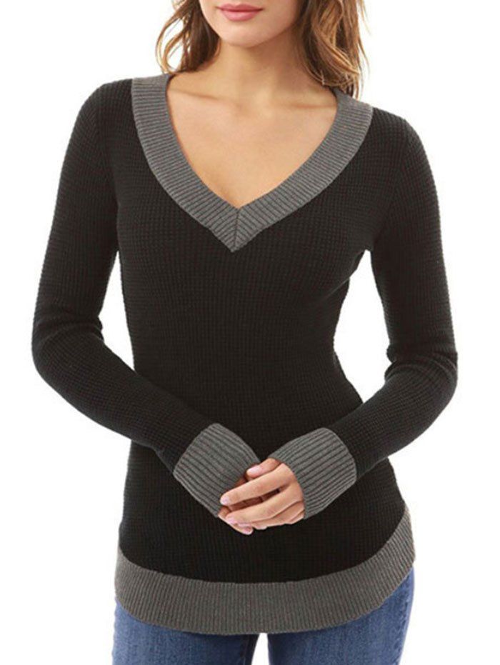 

V Neck Contrast Trim Casual Sweater, Black