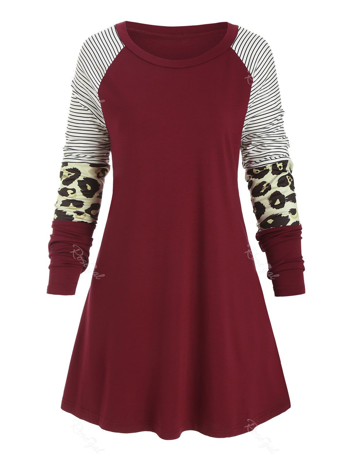 

Plus Size Striped Leopard Raglan Sleeves Tee, Red wine