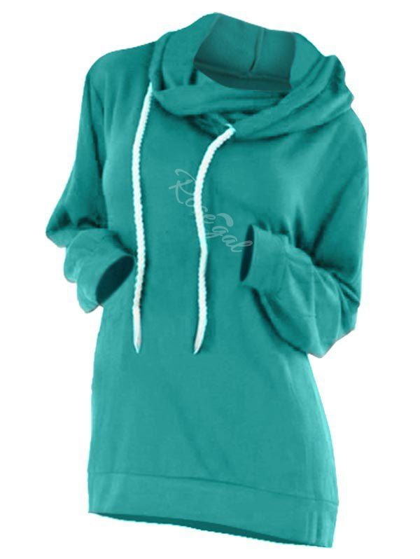 

Drawstring Overlap Plain Plus Size Hoodie, Macaw blue green