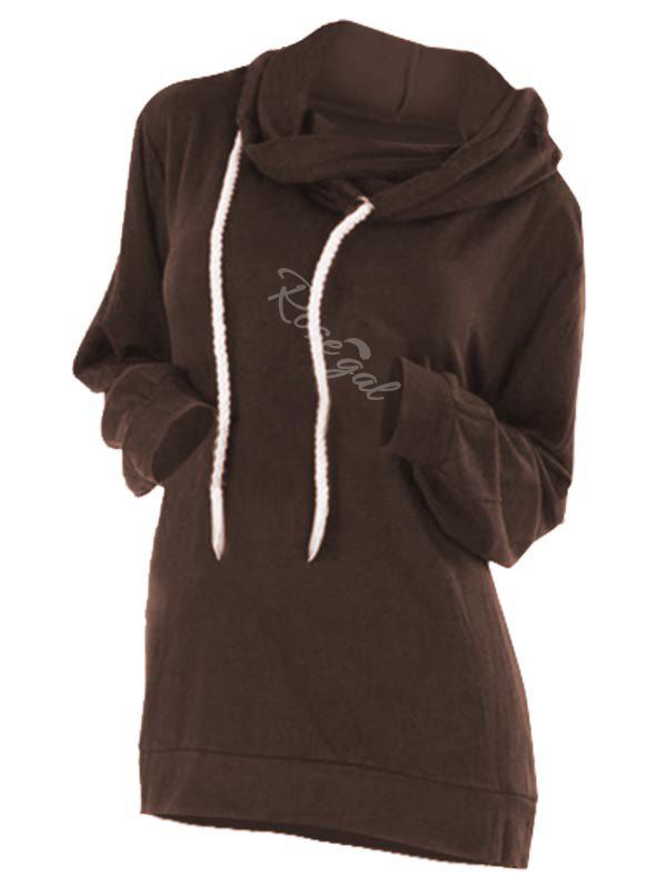 

Drawstring Overlap Plain Plus Size Hoodie, Coffee