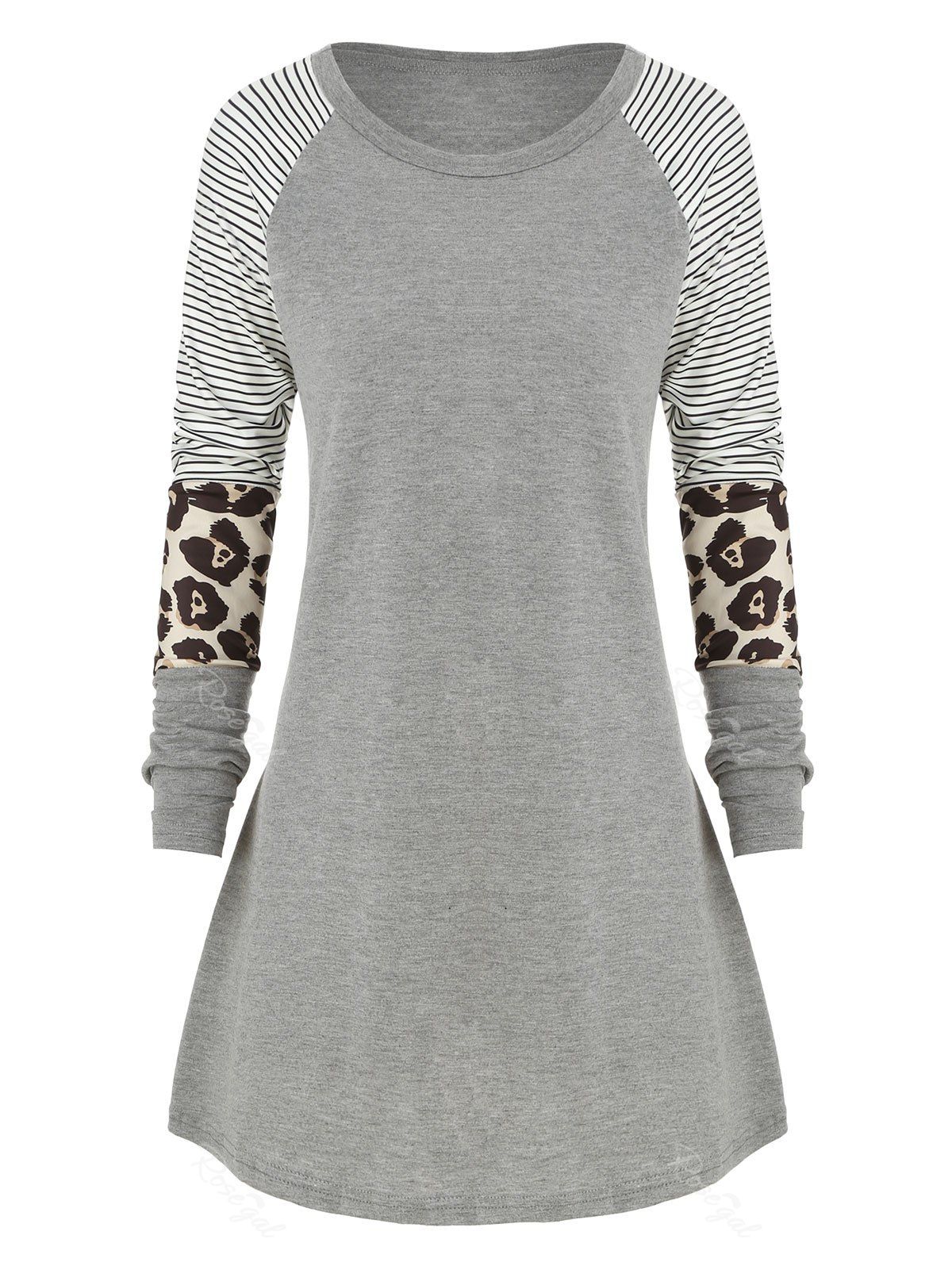 

Plus Size Striped Leopard Raglan Sleeves Tee, Gray