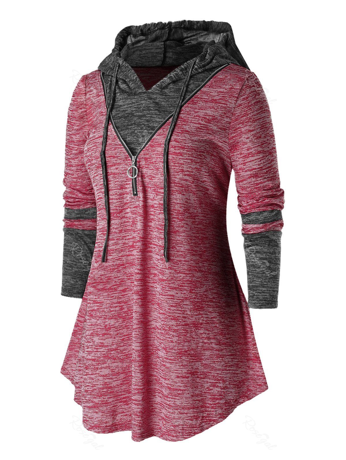 

Plus Size Hooded Zipper Space Dye T Shirt, Red wine