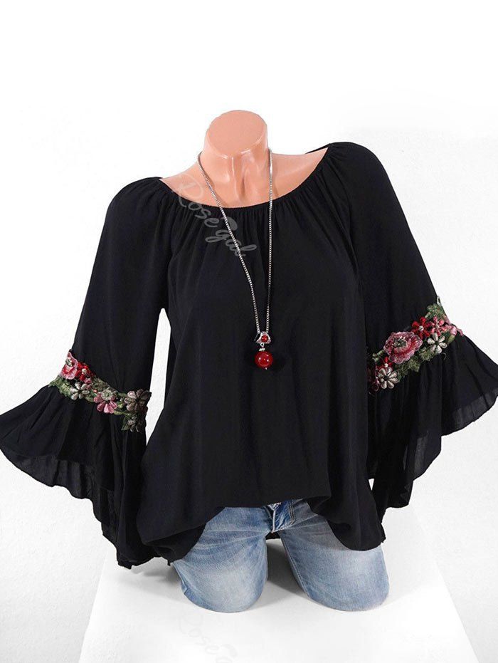 

Plus Size Bell Sleeve Embroidered Blouse, Black