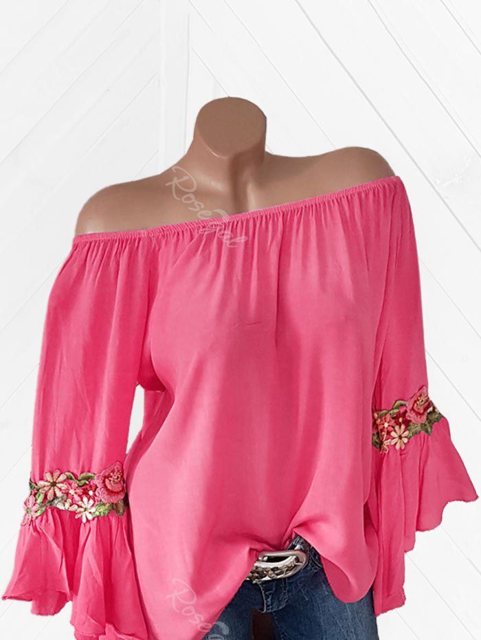 

Plus Size Bell Sleeve Embroidered Blouse, Rose red