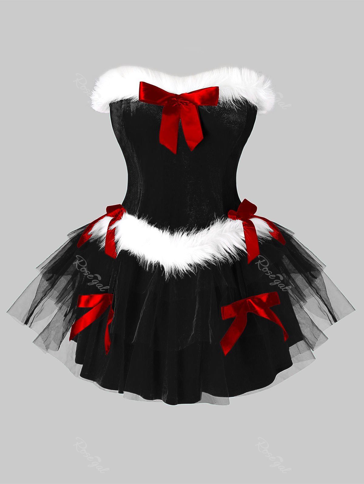 

Plus Size Strapless Christmas A Line Faux Fur Panel Velvet Dress, Black