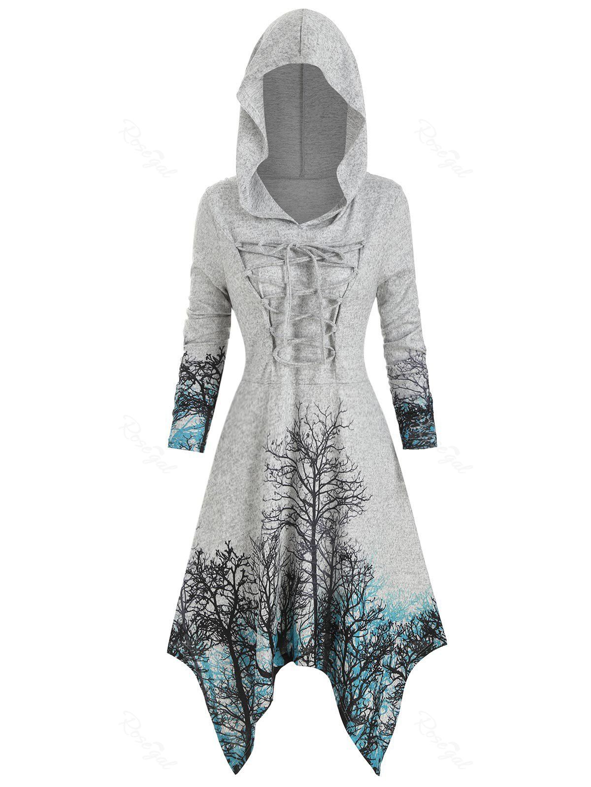 

Plus Size Halloween Lace Up Tree Print Knitted Dress, Macaw blue green