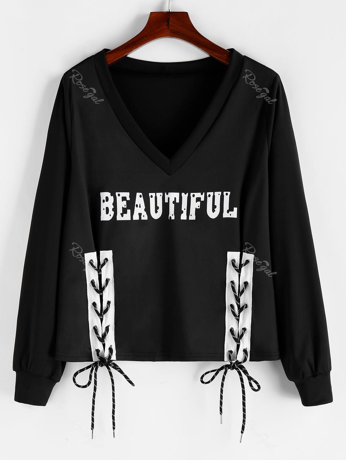 

Plus Size Lace Up Plunge Beautiful Graphic Sweatshirt, Black