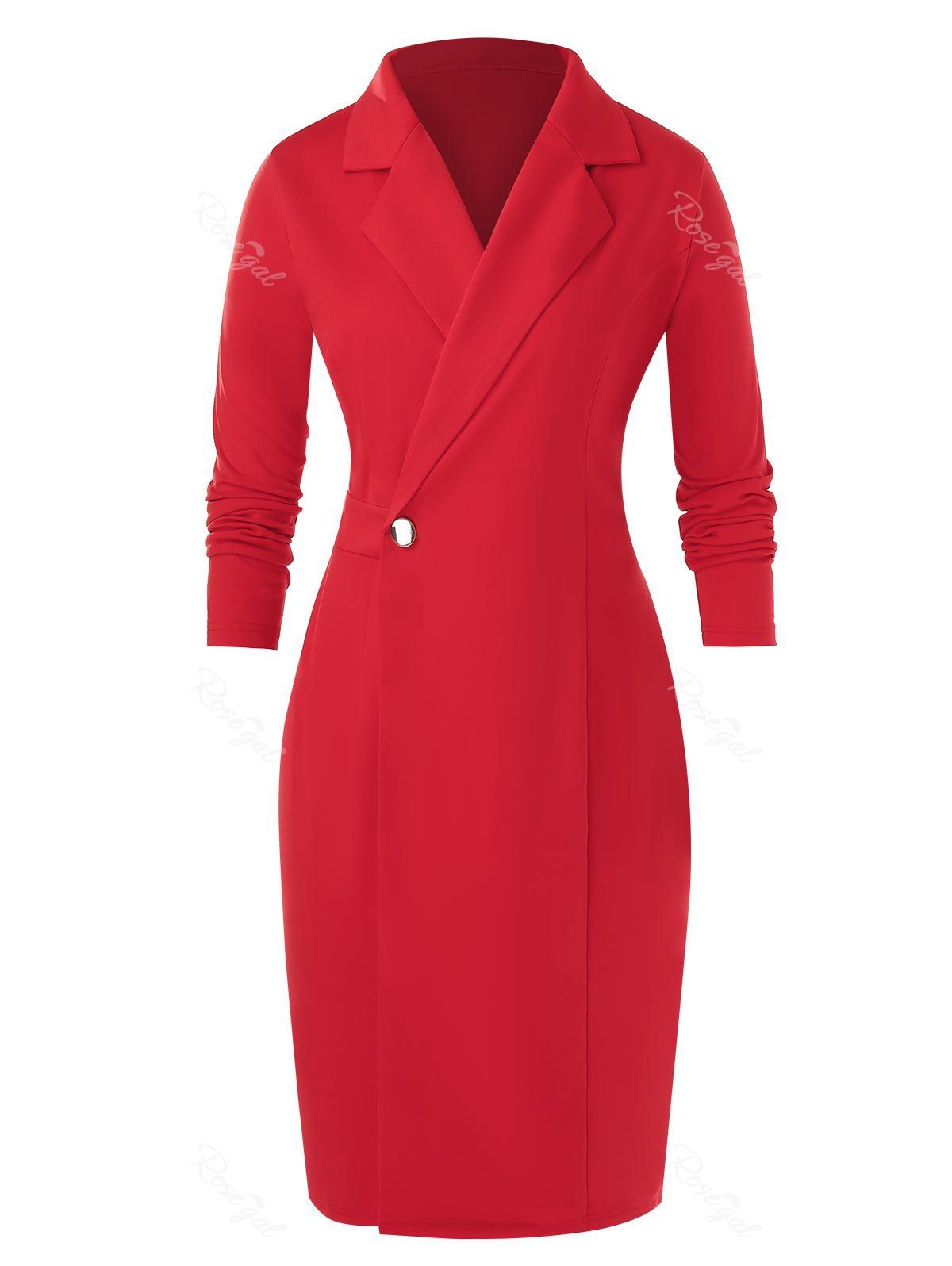 

Plus Size Notch Lapel Bodycon Long Sleeve Dress, Rosso red