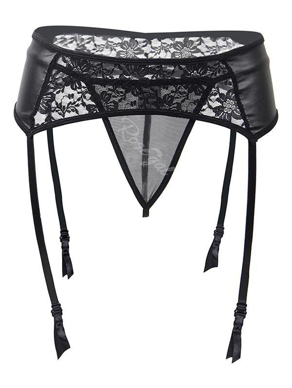

Plus Size Lace Panel Faux Leather Garter Set, Black