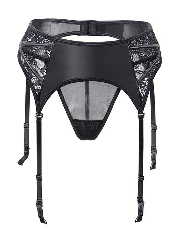 

Plus Size Lace Panel Piping Garter Set, Black