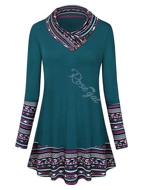 

Plus Size Button Embellished Geo Longline T-shirt, Peacock blue