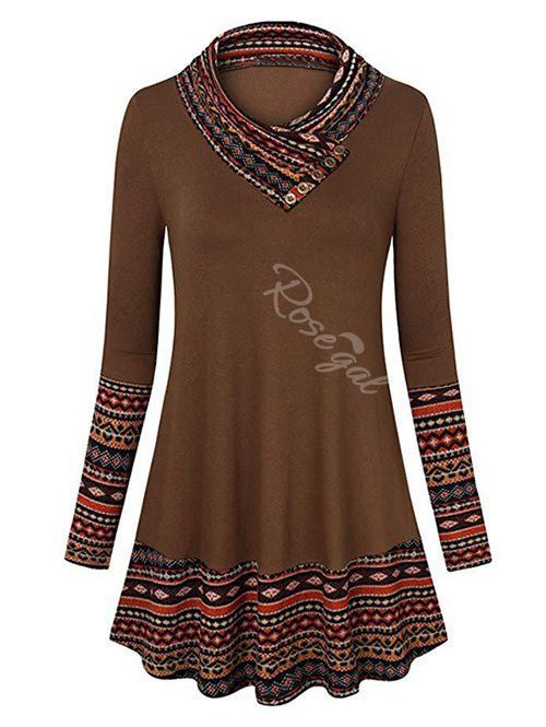

Plus Size Button Embellished Geo Longline T-shirt, Coffee