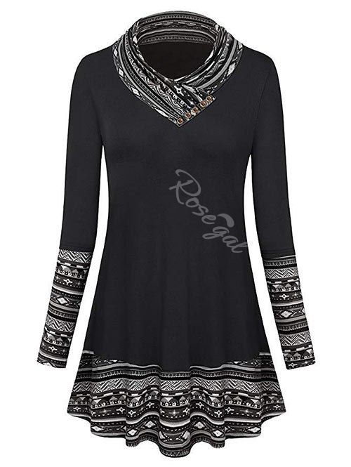

Plus Size Button Embellished Geo Longline T-shirt, Black