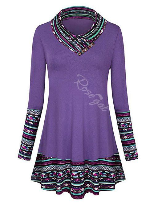

Plus Size Button Embellished Geo Longline T-shirt, Purple iris