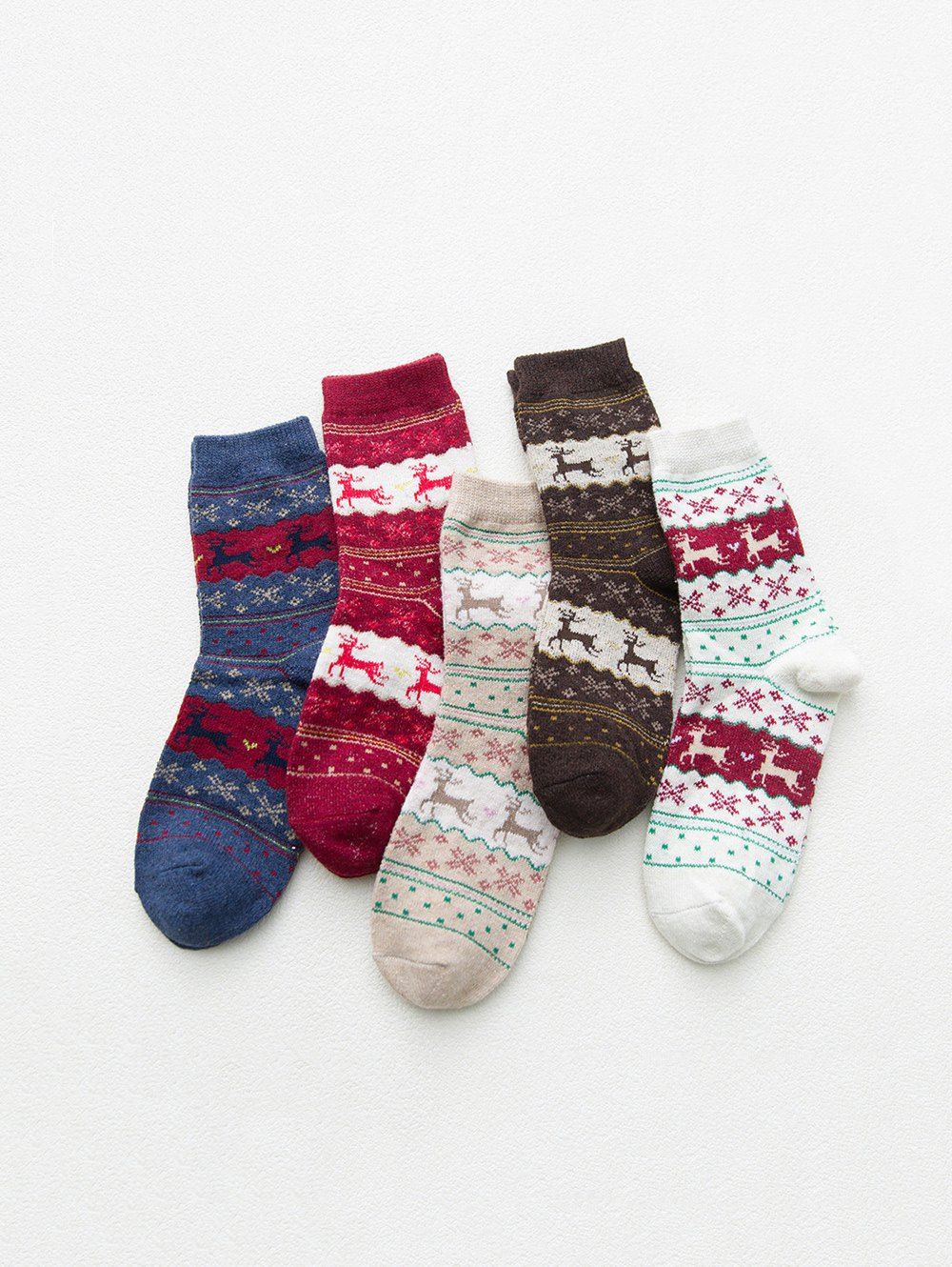 

5 Pairs Elk Pattern Crew Length Socks Set, Multi-a