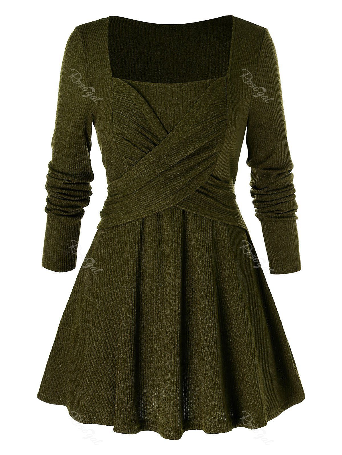 

Plus Size Long Sleeve Square Neck Solid Sweater, Fern green