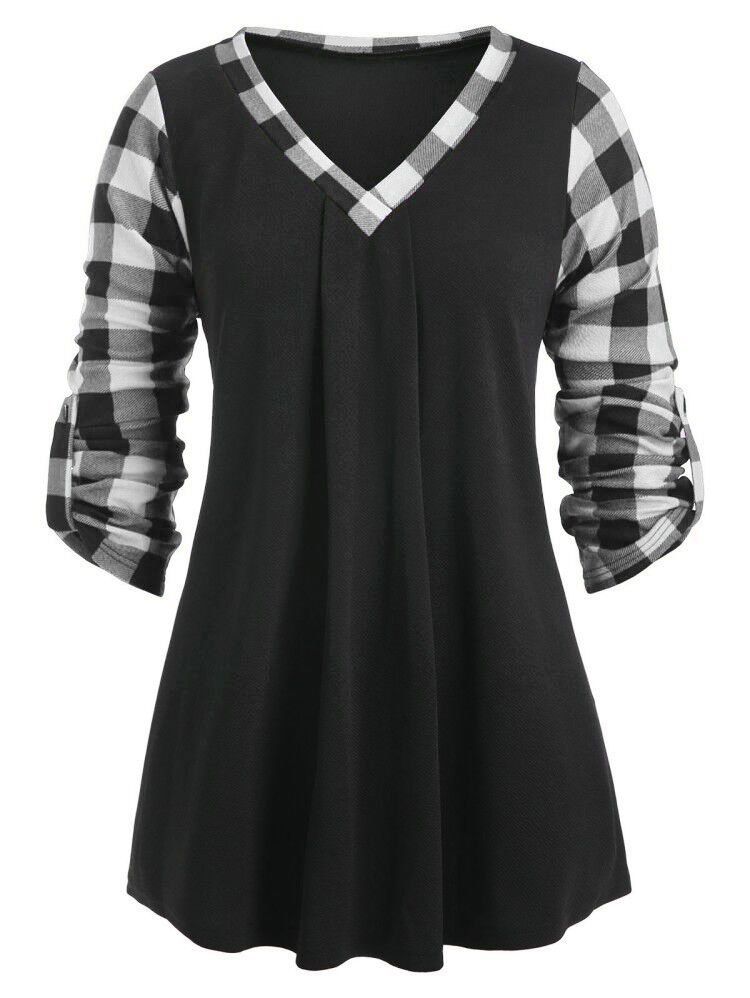 

V Neck Plaid Panel Long Sleeve Blouse, Black