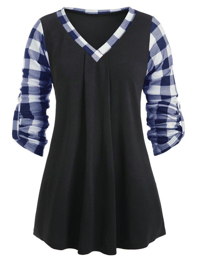 

V Neck Plaid Panel Long Sleeve Blouse, Midnight blue