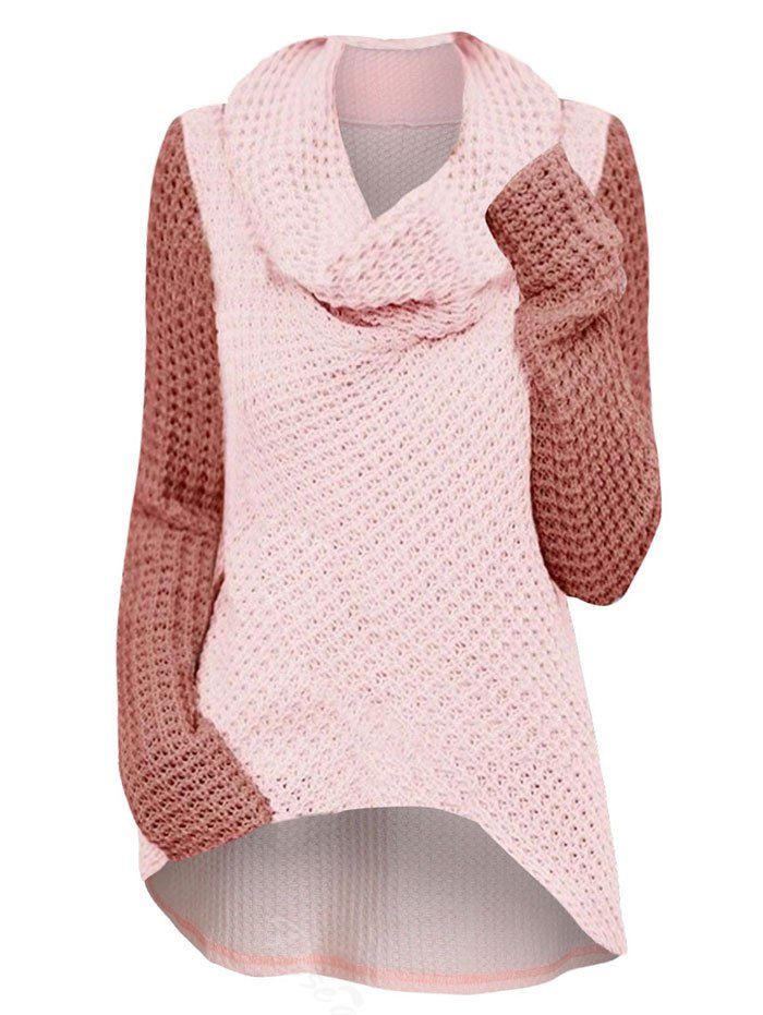 

Cowl Neck High Low Two Tone Plus Size Knitwear, Light pink