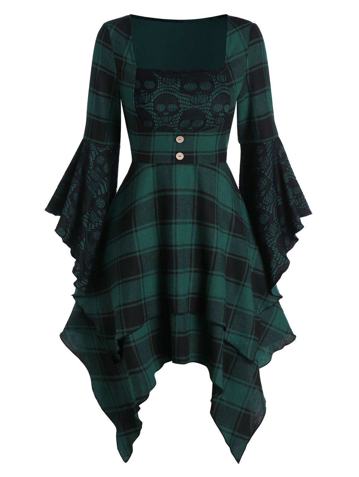 

Square Collar Plaid Print Layered Asymmetric Dress, Medium sea green