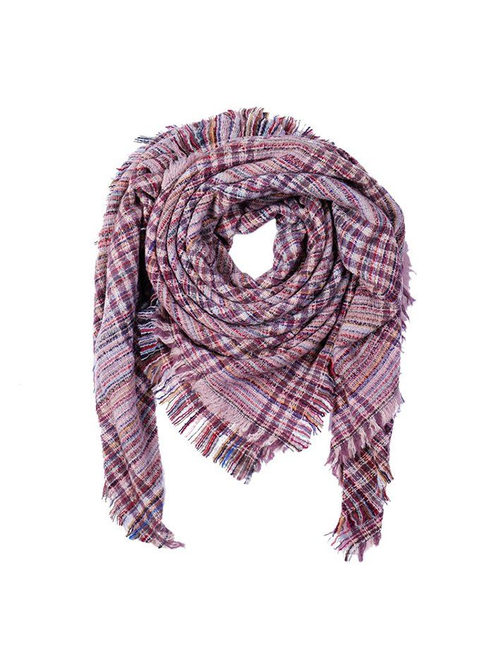 

Plaid Fringe Faux Cashmere Square Scarf, Light pink